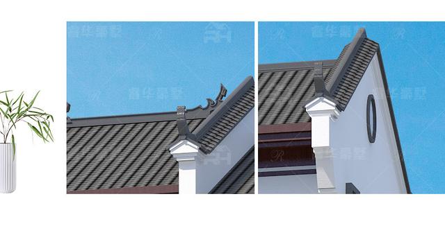 整體造型方正有序，青灰瓦鋪面屋頂古典韻味十足，搭配同色系仿石材外墻和紅棕色的窗柱門欄，處處透露著東方古典的清雅意境!