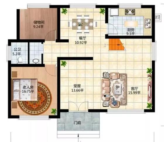 這款別墅根據(jù)農(nóng)村居住習(xí)慣設(shè)有堂屋神位，將品質(zhì)生活與傳統(tǒng)習(xí)俗相結(jié)合，適合廣大地區(qū)建造。