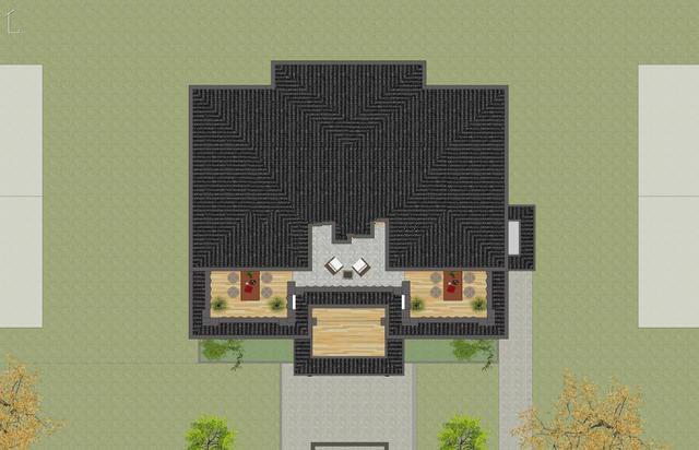 建筑為新中式風(fēng)格，整體色調(diào)以簡潔的高級灰為主，與周邊環(huán)境相呼應(yīng),新中式別墅外觀更加寬敞，美麗的風(fēng)景盡收眼底！