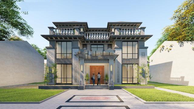 建筑為新中式風格，整體色調以簡潔的高級灰為主，與周邊環(huán)境相呼應,新中式別墅外觀更加寬敞，美麗的風景盡收眼底！