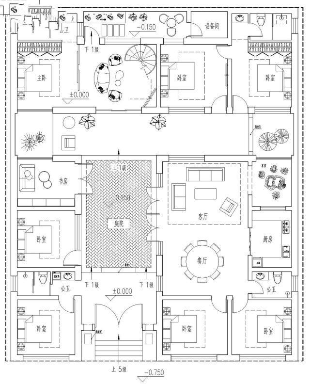 　別墅設(shè)計(jì)：一層緊湊型四合院，面積利用率高，適合在農(nóng)村地區(qū)修建。