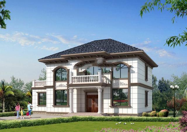 農村二層住宅建筑的設計圖，有一個大的下拉窗口設計，當美麗的住宅在家鄉(xiāng)建成時，沒有什么可擔心的。
