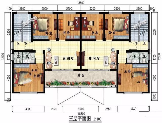 獨棟別墅設(shè)計成三層的公共房間，每個家庭有7間臥室，生活非常方便。