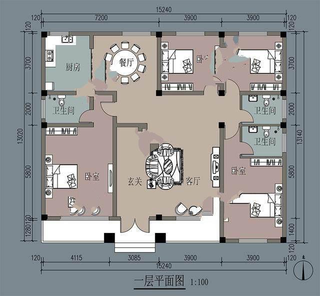 我向你們展示一套新農(nóng)村的平面圖，寬15米，深13米。它計(jì)劃建在豫北的農(nóng)村。這間公寓怎么樣？