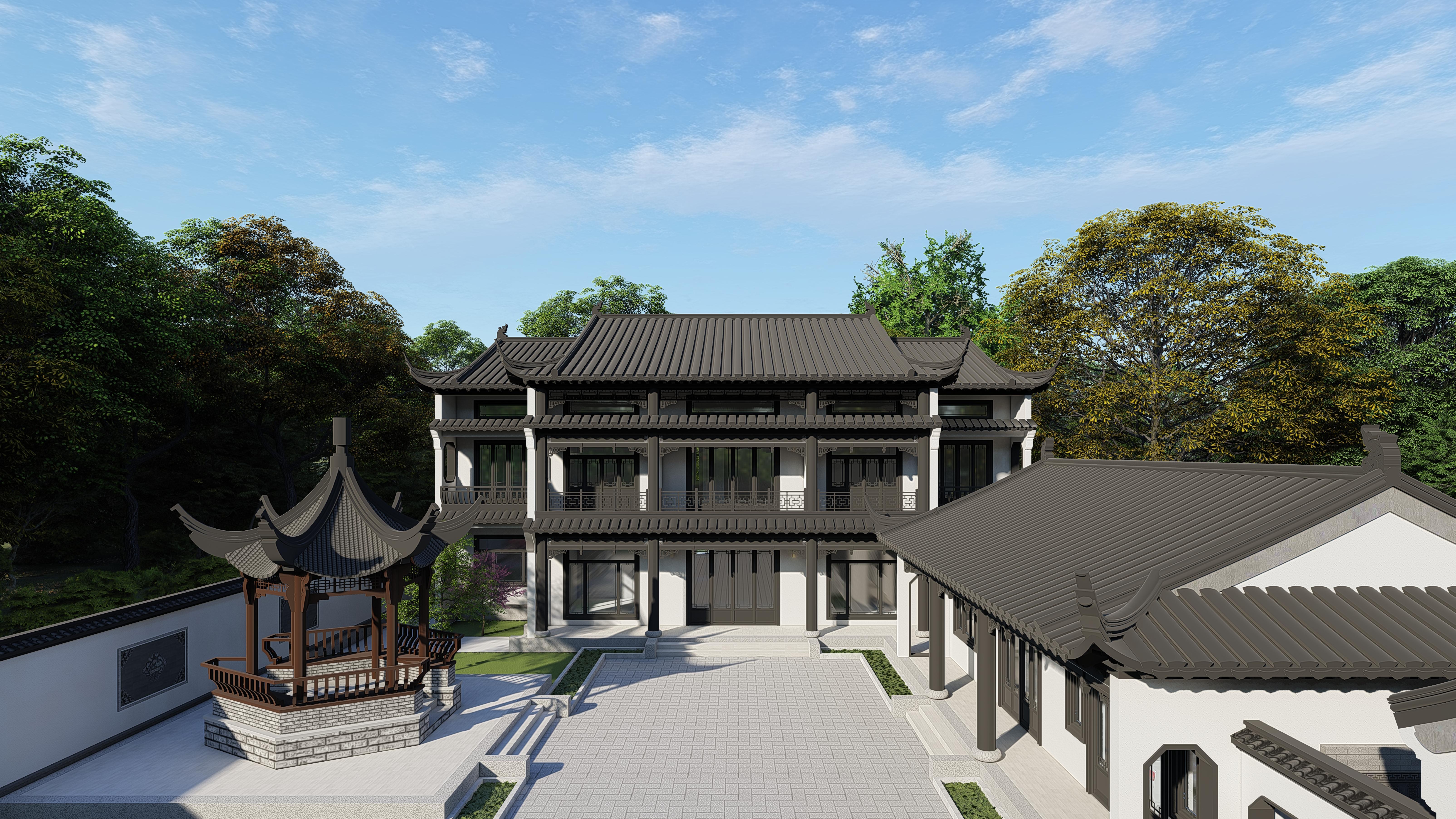 中式鄉(xiāng)村二層別墅建筑圖，帶院子的鄉(xiāng)村二層別墅設(shè)計分享