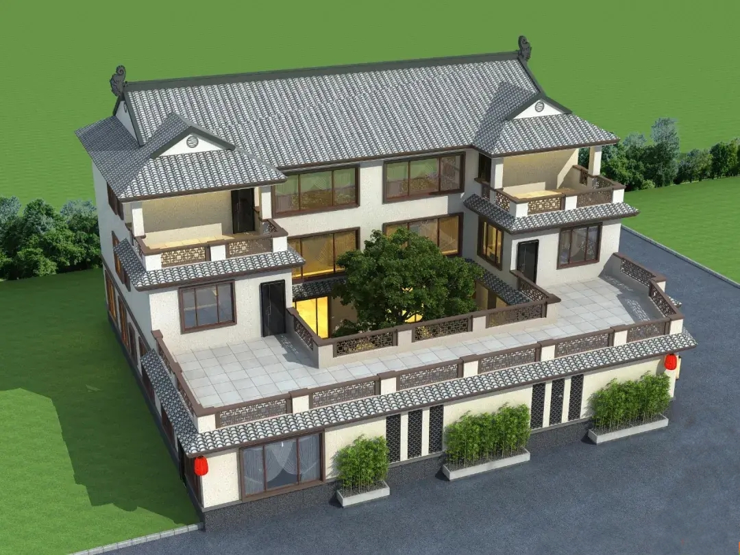 三層雙拼新中式房屋設(shè)計(jì)圖紙，農(nóng)村房屋設(shè)計(jì)效果圖紙